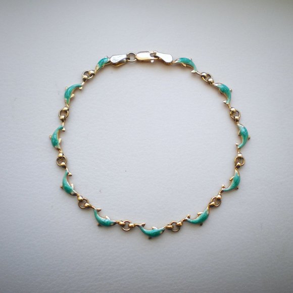 Jewelry - Vintage Solid 14K Yellow Gold Turquoise Blue Enamel Dolphin Tennis BRACELET